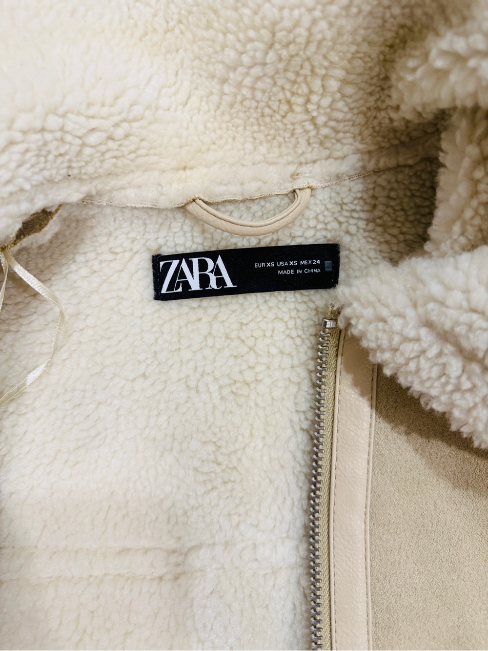 ZARA Double Faced Faux Suede Shearling Jacket Cream Beige Aviator Biker Size XS - Picture 7 of 11